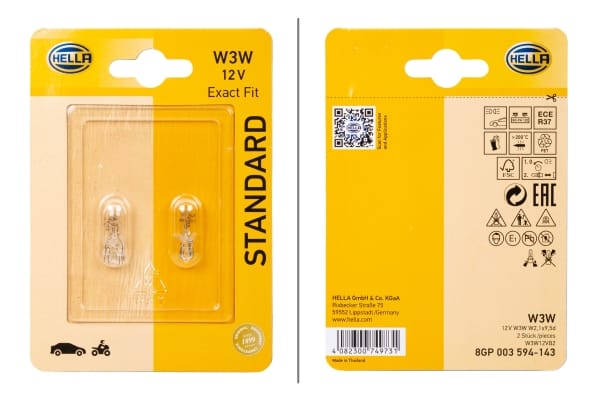 Λάμπα W3W Stκαιard 12V 3W Ποσότητα: 2 HELLA 8GP003594143