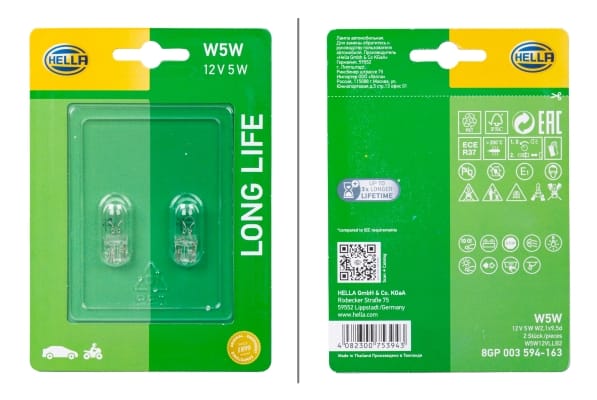 Λάμπα W5W Long Life 12V 5W Ποσότητα: 2 HELLA 8GP003594163
