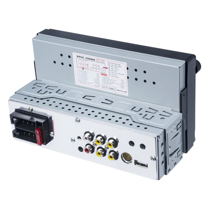 πίσω όψη ηχοσυστήματος αυτοκινήτου PerVoi CTC-6821 με θύρες RCA, USB και διάγραμμα σύνδεσης