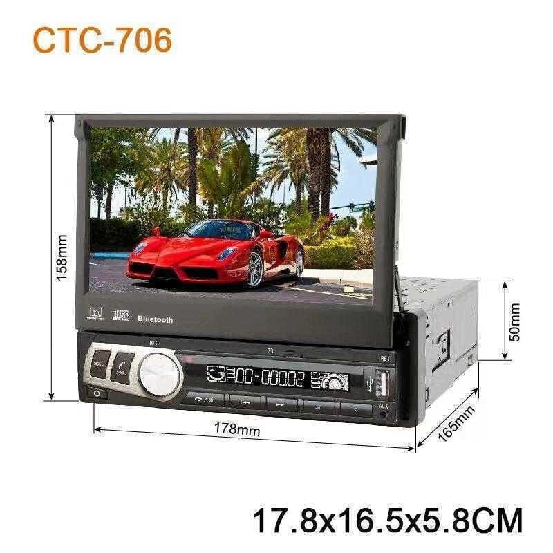 Αναδιπλούμενη οθόνη αφής 7 ιντσών σε ηχοσύστημα αυτοκινήτου CTC-706 με προβολή video και διαστάσεις μονάδας 1DIN