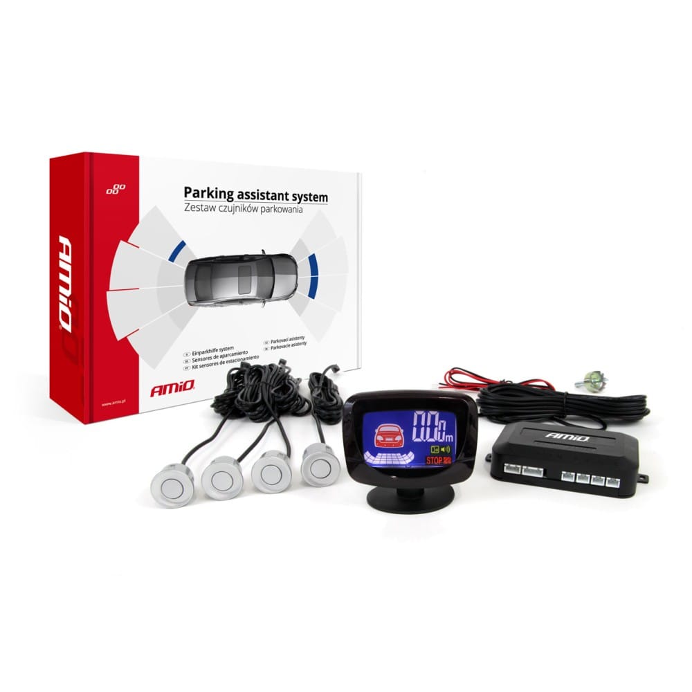 AMiO Σύστημα Παρκαρίσματος 12V με 4 Ασημί Αισθητήρες 22mm & Οθόνη LED-GRAF