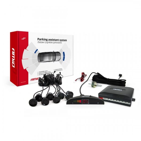 Amio Σύστημα Παρκαρίσματος 8 Αισθητήρες Μαύροι 22mm 12V Εμπρός-Πίσω Οθόνη LED Buzzer - 1 σετ