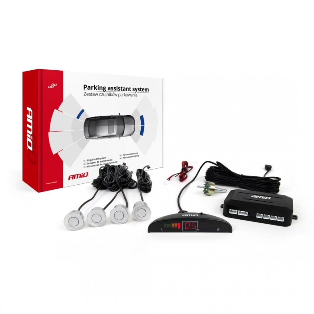 Amio Σύστημα Παρκαρίσματος 4 Αισθητήρες Ασημί 22mm 12V Οθόνη LED Εμβέλεια 2.5m - 1 σετ