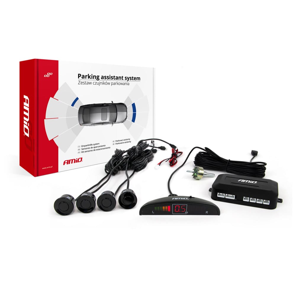 Amio Σύστημα Παρκαρίσματος 4 Αισθητήρες Μαύροι 22mm 12V Οθόνη LED Εμβέλεια 2.5m - 1 σετ