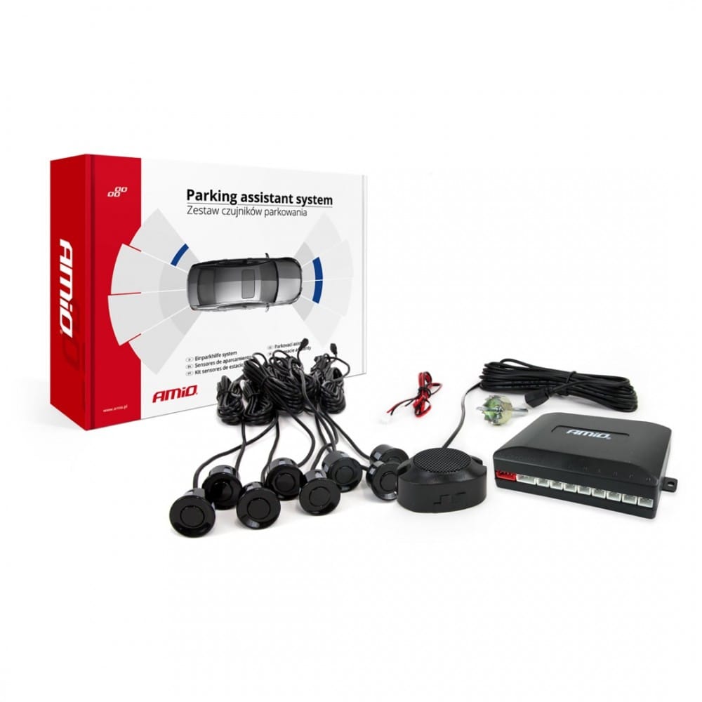 Amio Σύστημα Παρκαρίσματος 8 Αισθητήρες Μαύροι 22mm 12V Εμπρός-Πίσω Buzzer 2.5m - 1 σετ