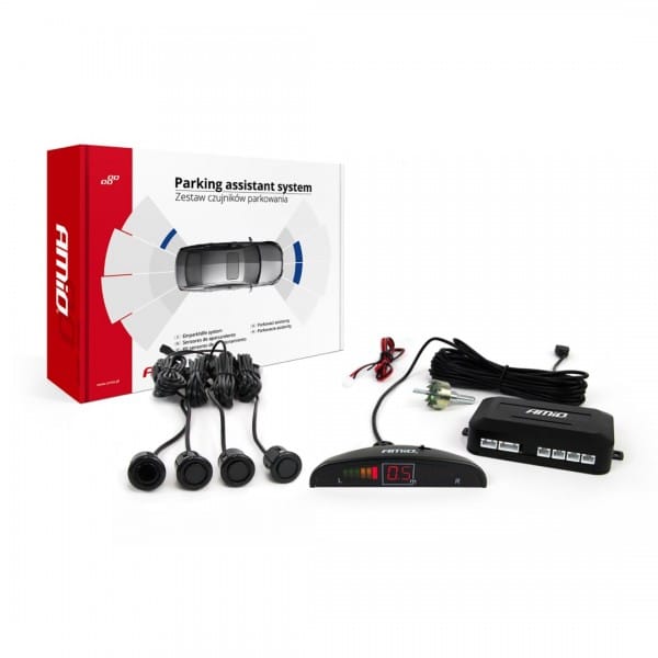 Amio Σύστημα Παρκαρίσματος GOLD 4 Αισθητήρες Μαύροι 18mm 12V Οθόνη LED Mini Jack - 1 σετ