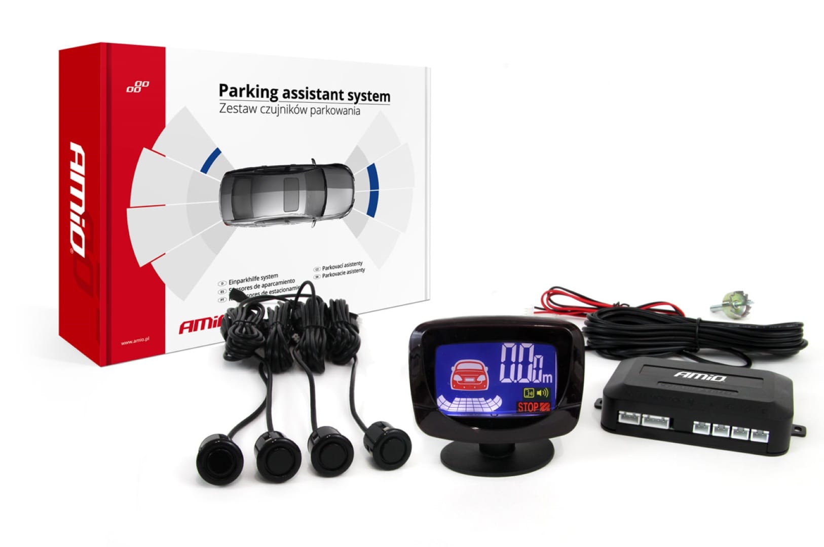 Amio Σύστημα Παρκαρίσματος GOLD 4 Αισθητήρες Μαύροι 18mm 12V Οθόνη LED GRAF Mini Jack - 1 σετ