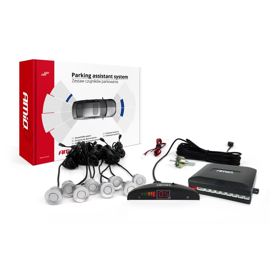 Amio Σύστημα Παρκαρίσματος 8 Αισθητήρες Ασημί 22mm 12V Εμπρός-Πίσω Οθόνη LED Buzzer - 1 σετ