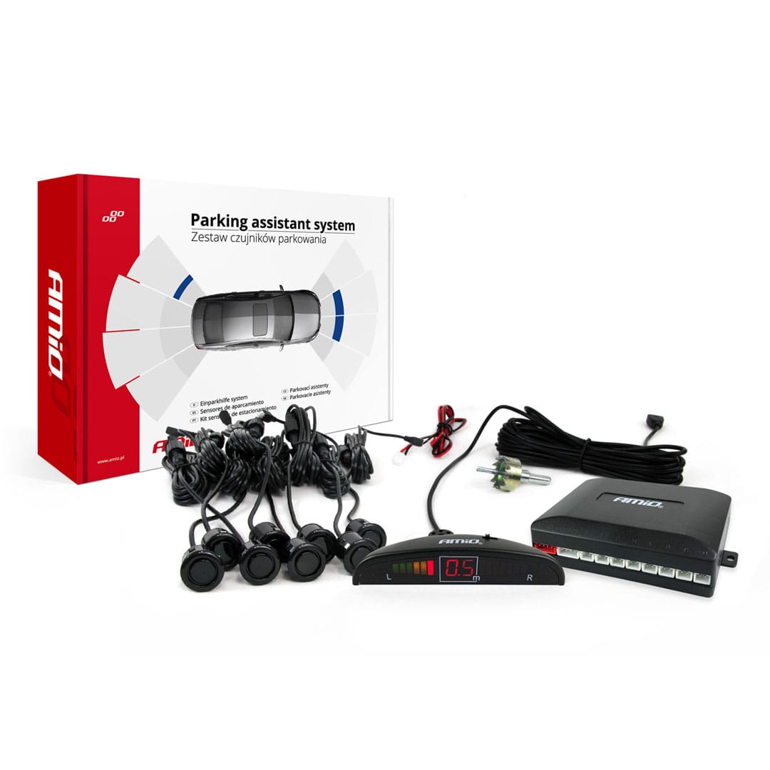 Amio Σύστημα Παρκαρίσματος GOLD 8 Αισθητήρες Μαύροι 18mm 12V Εμπρός-Πίσω Οθόνη LED Mini Jack - 1 σετ