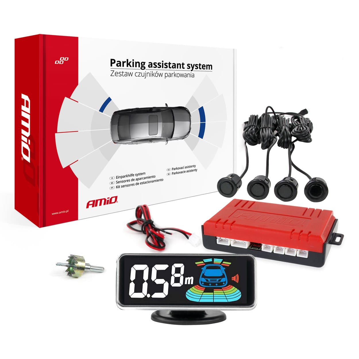Amio Σύστημα Παρκαρίσματος 4 Αισθητήρες Μαύροι 18mm 12V Οθόνη LED 3D Buzzer 2.5m - 1 σετ