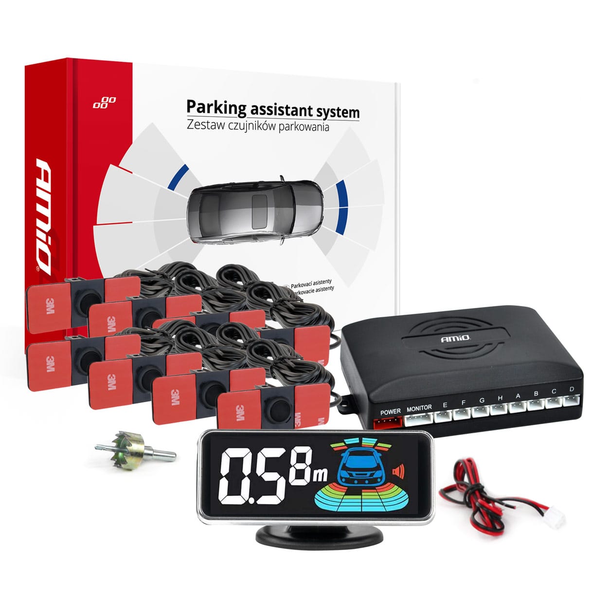Amio Σύστημα Παρκαρίσματος 8 Αισθητήρες Inside Mount Μαύρο 16.5mm 12V Εμπρός-Πίσω LED 3D - 1 σετ