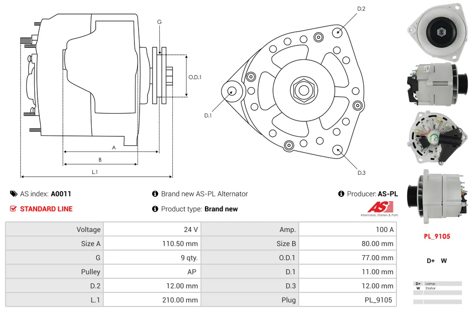 Alternator 12V 100A για Mercedes-Benz AS-PL A0011 5 Δυναμό AS-PL A0011 για οχήματα Mercedes-Benz με φίσα PL_9105 και τύπο AP