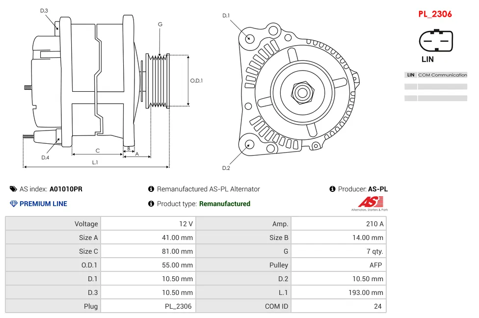 Alternator AS-PL A01010PR 12V 210 Amp IVECO