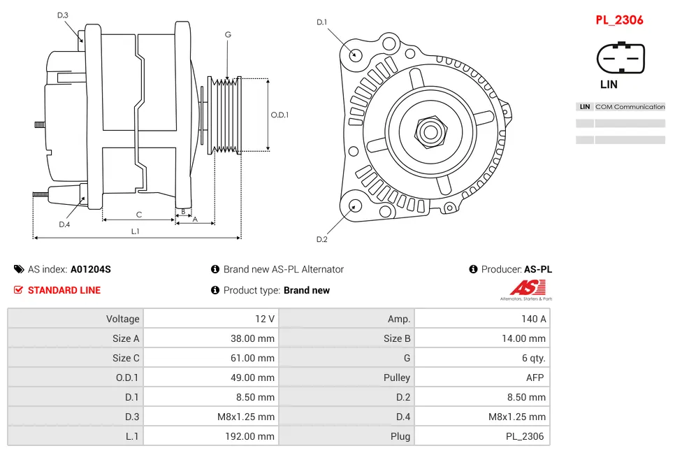 Alternator AS-PL A01204S 12V 140 Amp AUDI, SEAT, SKODA, VW