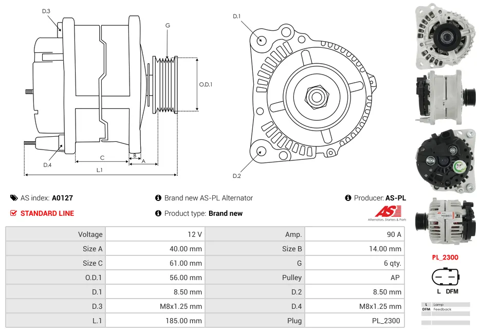 Alternator AS-PL A0127 12V 90 Amp AUDI, FORD, SEAT, SKODA, TOYOTA, VW 5 A0127 5