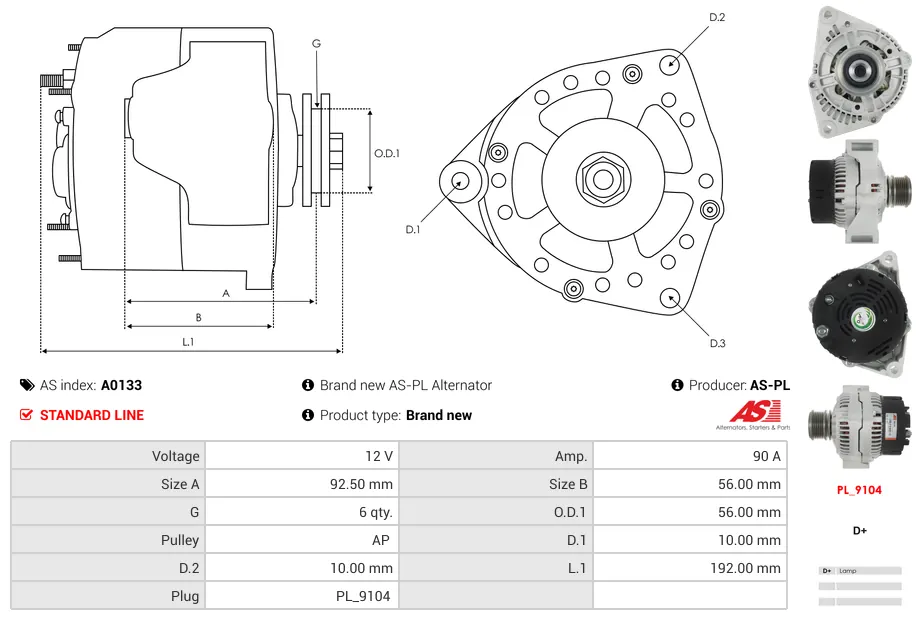 Alternator AS-PL A0133 12V 90 Amp DAEWOO, MERCEDES-BENZ, MULTICAR, PUCH, SSANGYONG 5 A0133 5