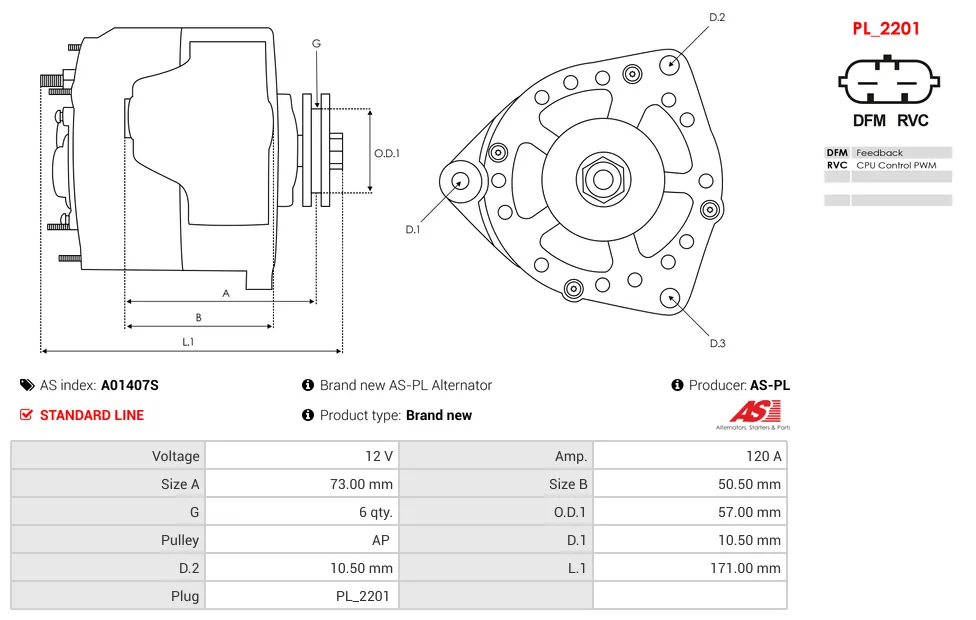 Alternator AS-PL A01407S 12V 120 Amp CHEVROLET