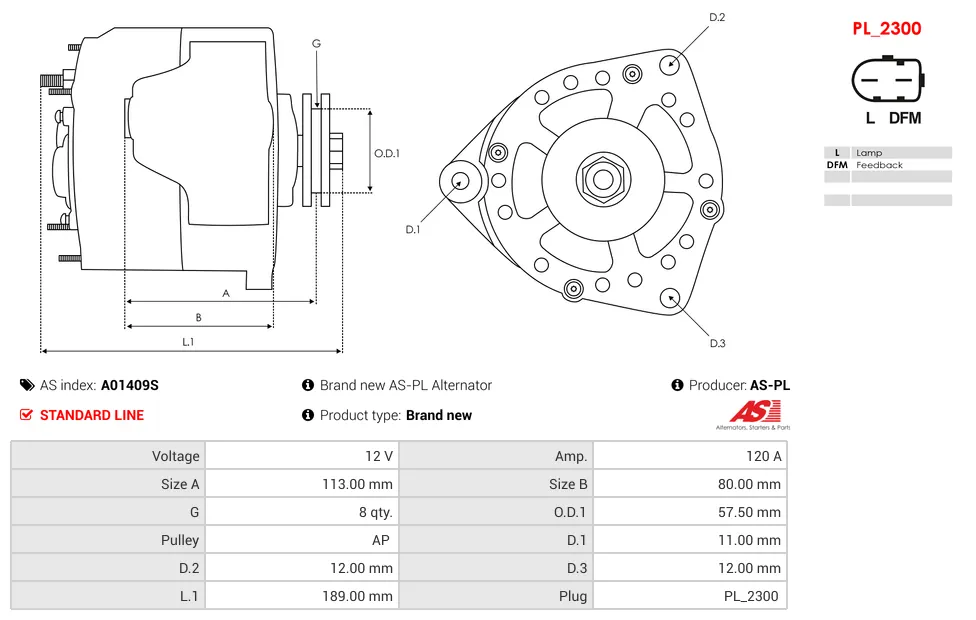 Alternator AS-PL A01409S 12V 120 Amp AGRALE