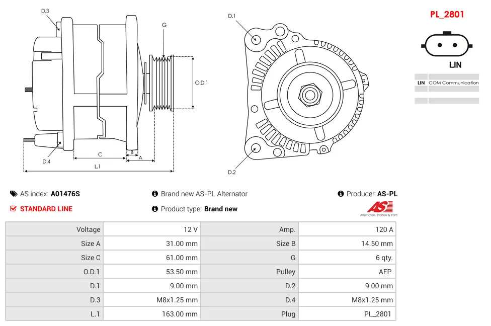 Alternator AS-PL A01476S 12V 120 Amp MITSUBISHI