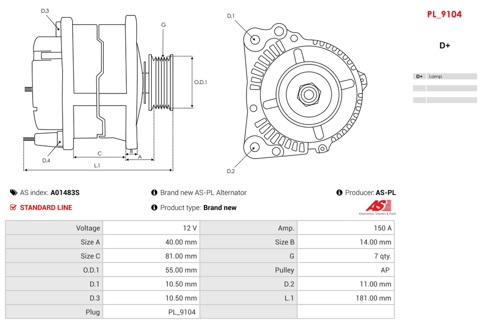 Alternator AS-PL A01483S 12V 150 Amp FIAT