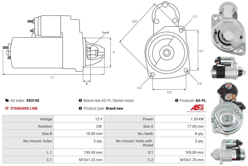 Μίζα Hyundai Coupe II, KIA Ceed Hatchback - 12V AS-PL (S9314S) 5 Μίζα Hyundai Coupe II, KIA Ceed Hatchback - 12V AS-PL (S9314S) - Image 5
